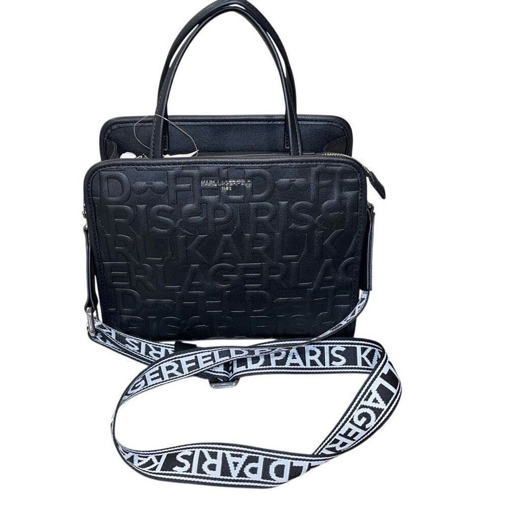 Karl Lagerfeld Womens Embossed Logo Maybelle‎ Satchel Crossbody Black Medium NWT